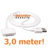 USB data sync kabel voor de iPhone en iPad (wit, superlang, 3,0 meter)