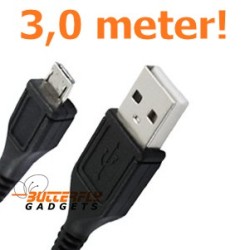 USB data sync kabel voor Samsung Galaxy, HTC, Nokia (zwart, superlang, 3,0 meter)
