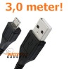 USB data sync kabel voor Samsung Galaxy, HTC, Nokia (zwart, superlang, 3,0 meter)